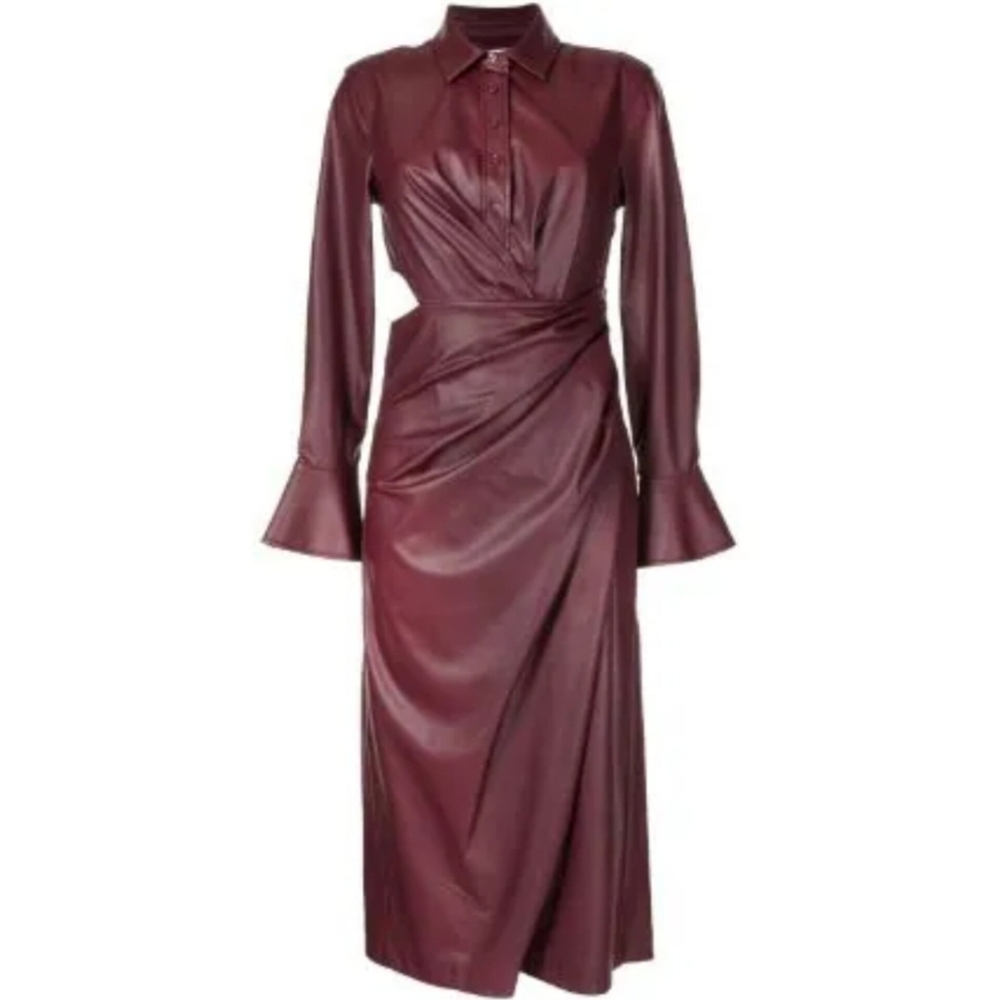 🔥Jonathan Simkhai Draped Cut-Out Mulberry Color Vegan Leather Midi Shirt Dress